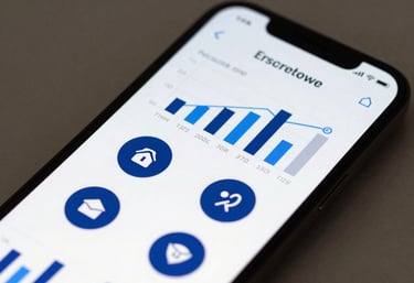A close-up of a high-resolution smartphone display showing a clean, modern enterprise mobile application interface with charts and deep blue icons.