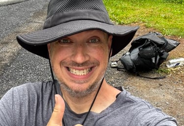 Sponge gives a comical thumbs up after finishing 110 miles of the Appalachian Trail