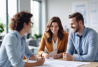 A friendly insurance agent discussing policy options with a smiling family in a bright, modern office.