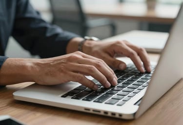 Close-up of hands typing on a modern laptop in a professional Latin American office workspace, focus on professional productivity and technology.