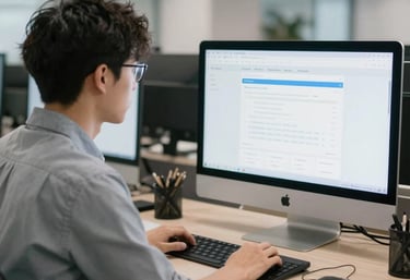 A friendly team collaborating over laptops in a bright, modern office space.