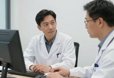 A calm, modern office scene showing healthcare professionals collaborating over paperwork and laptops.