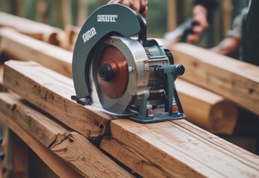 Professional carpenter using a heavy-duty electric circular saw to cut thick timber wood planks.