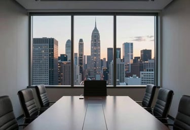 A minimalist, high-end corporate meeting room in a North American city with a large window showing a skyscraper skyline at dusk.