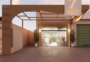 Modern luxury Zenith Concept Salon storefront with elegant gold signage and glass entrance.