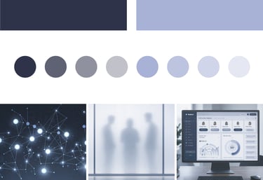 Paleta y referencias visuales de Lumen Match en azul profundo y lavanda grisácea.