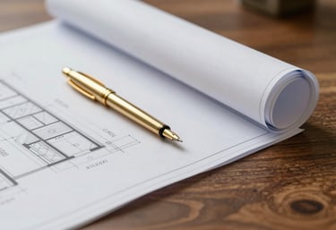 Detailed close-up of a high-end architectural blueprint roll sitting on a mahogany desk with a gold drafting pen. Elegant and precise style, featuring #1A202C and #C4A05B.