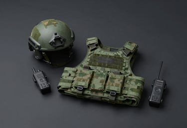 Modern tactical gear layout, including a helmet, vest, and radio, clean composition on a dark #1A1E1C surface with green #3E544D accents.