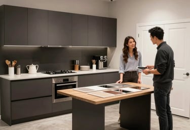 Modern kitchen design sketch with Italian style elements and color samples.