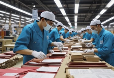 Two individuals wearing work attire are walking through a warehouse aisle, engaged in conversation. The shelves are lined with various products and items, and both people hold clipboards. The setting is well-lit, highlighting the organized shelves.