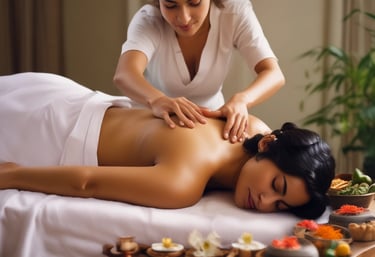 A serene spa setting featuring a person lying face down on a massage table covered with a white sheet. Several smooth black stones are placed along their back for a hot stone massage. Soft, ambient lighting creates a warm atmosphere, with bottles of oil visible on a wooden table in the background.