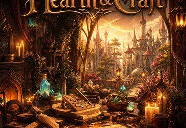 Hearth and Craft cozy fantasy album cover with candles, crystals, crafting table, and golden elven city view.