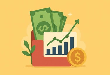 statestik, pengar och dollartecken i en plånbok med gul bakgrund