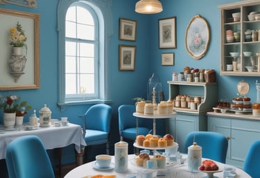 A cozy, dimly-lit shop display showcases a collection of intricately designed teapots, teacups, and saucers. The arrangement includes various patterns and colors, all set against a backdrop of shelves filled with an assortment of items. A decorative, slender tree with sparkling lights adds a festive touch to the scene.
