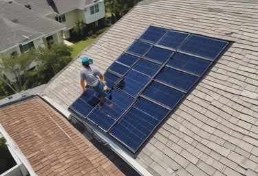 A person is installing solar panels on a metal rooftop with lush green hills in the background. The person is kneeling and using tools to secure the panels. The surrounding environment appears to be a natural, scenic area.