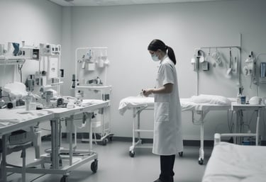 A large hospital ward filled with beds, where several patients are either sitting or lying down. Two nurses in white uniforms are standing to the right, attending to patients. The room is decorated with garlands and paper lanterns, suggesting a festive or ceremonial atmosphere.