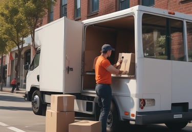 A large cargo ship is prominently displayed with the word 'SHIPPING' painted in bold white letters on its blue hull. The upper section of the ship is stacked with multicolored shipping containers. A person dressed in an orange jacket is in the foreground, partially visible, facing towards the ship.
