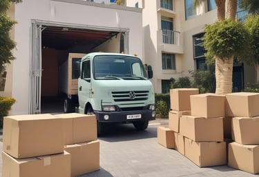 A large moving truck is parked on a residential street with its back doors open and a ramp leading down to the sidewalk. Boxes and furniture can be seen inside the truck, and a person is partially visible inside, seemingly organizing or unloading items. The surrounding area has lush green trees and grass, suggesting it’s a well-kept neighborhood.