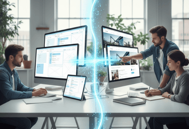 UX designers collaborating on website wireframes and UI layouts in a modern office with digital energy effects.