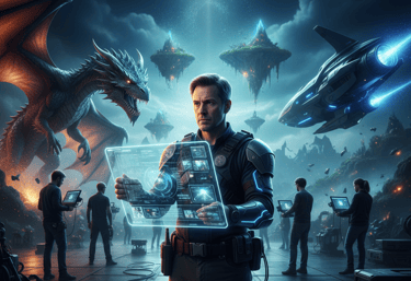 A futuristic commander uses a holographic interface beside a dragon and spaceship in a sci-fi fantasy world.