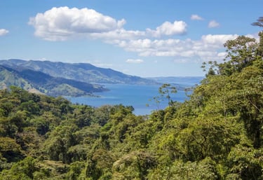 Scenic view of a lush tropical rainforest overlooking a blue lake and distant mountains under a cloudy sky.