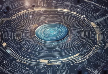 A hand holding a thermal scanner is pointed towards a rack of computer servers. The servers are illuminated with blue LED lights, giving a technological and futuristic feel.