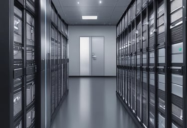 A geometric architectural structure with modern design elements featuring metal panels and glass. Several antennas are mounted on the rooftops, suggesting a focus on communication technology.