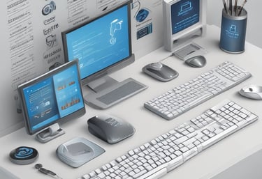 A modern workspace with a focus on technology. In the foreground, there is a black laptop with a distinctive logo placed on a table beside a smartphone propped on a stand. A man is sitting in the background, also using a similar laptop. The setting is minimalistic with a combination of white furniture and a textured brick wall.