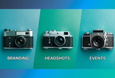 three cameras and under each camera says branding, headshots, and events