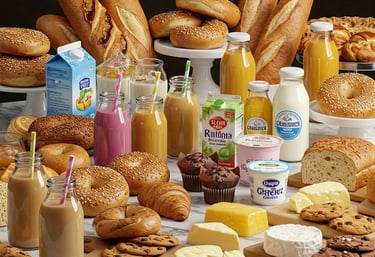 Table with fresh bread, milk, cheese, and assorted dairy products