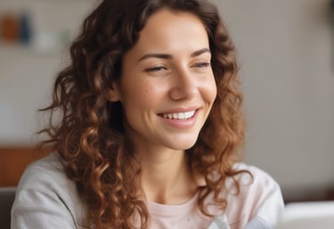 Smiling woman with long curly brown hair working on a laptop at home.