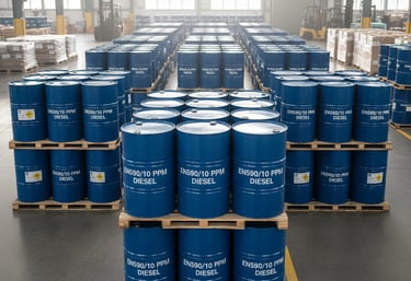 a large amount of barrels of EN590/10PPM Dieselstacked on pallets