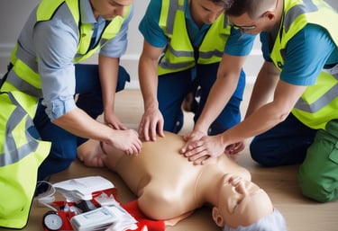 A group of people practicing first aid techniques in a training session.