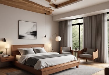 A traditional Japanese interior with wooden architecture, featuring sliding doors and tatami flooring. Soft lighting creates a warm and inviting ambiance, with a few chairs and tables visible in the space.