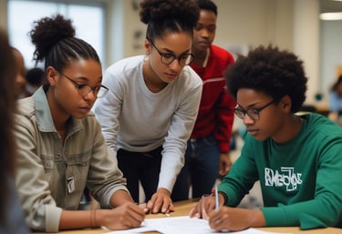 A diverse group of young black students engaged in a workshop setting, collaborating on a project.