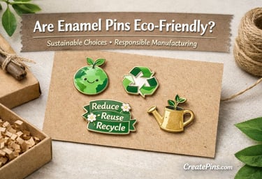 Eco-friendly enamel pins displayed on recycled paper with sustainable packaging by CreatePins