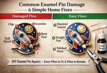 How to fix minor enamel pin damage at home, including scratches, small chips, bent pin posts, and tarnished metal