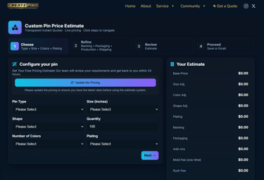 The interface of CreatePins.com’s Custom Pin Pricing Estimate tool