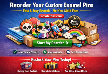 Promotional banner for CreatePins.com showing colorful custom enamel pins displayed on shipping boxes with headline