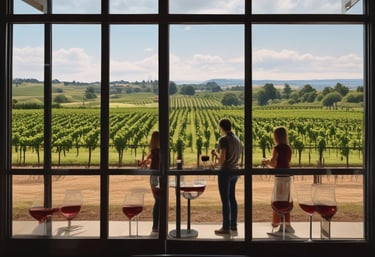 A beautifully arranged tasting room with wine glasses and oak barrels.
