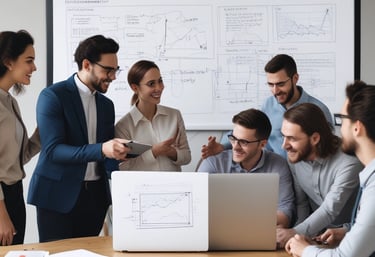 A diverse team collaborating around a modern workspace with laptops and digital devices.