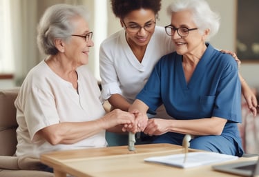 A green sign with the text 'Church Army Home for the Elderly' is prominently displayed on a patch of grass. In the background, a large stone building with gothic-style windows can be seen, suggesting an old-style architectural design. A figure in the background appears to be tending to the garden or performing some task near the building.
