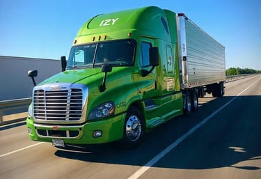 Reefer green semi truck driving down a highway