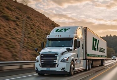 Izy Logistics dry van truck driving down a highway 