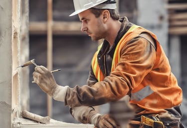 man in brown and white plaid dress shirt and yellow hard hat holding black and orange