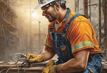 man in blue white and red plaid button up shirt wearing yellow hard hat holding black