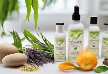 a variety of skin care products including a bottle of soap
