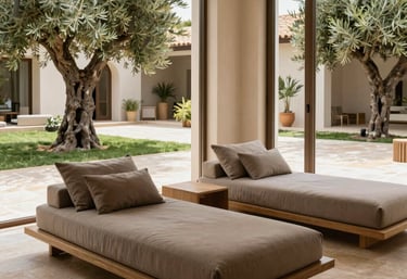 Interior relaxation lounge at a boutique wellness retreat in Valencia, minimalist daybeds with taupe upholstery, large windows revealing Mediterranean outdoor courtyard with olive trees and stone paving.