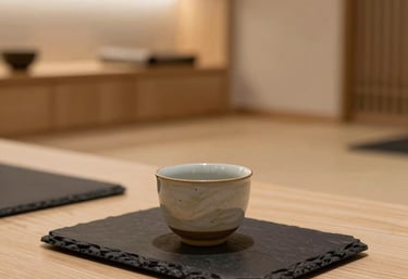 Peaceful tea room corner in a modern luxury yoga sanctuary in Valencia, hand-crafted ceramic teacup on a dark slate tray, minimal Japanese aesthetic with warm light wood accents.