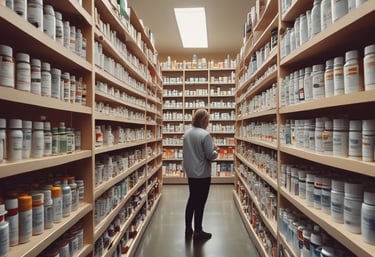 A professional pharmacist consulting with a healthcare provider in a modern Scandinavian pharmacy.